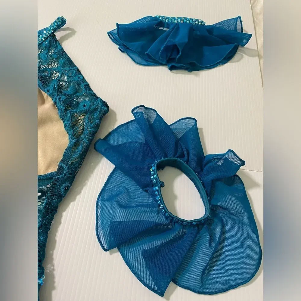 Competition Custom solo contemporary Dance Costume teal illusion SA Small adult